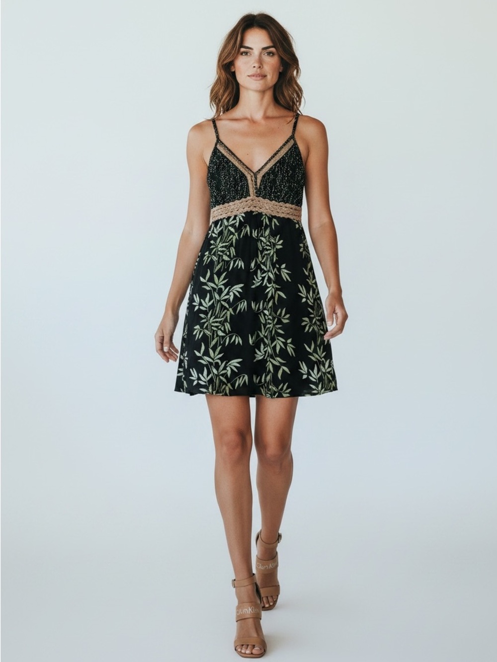 Santiki Spaghetti-Strap Black Mini Dress with Green Leaf Print